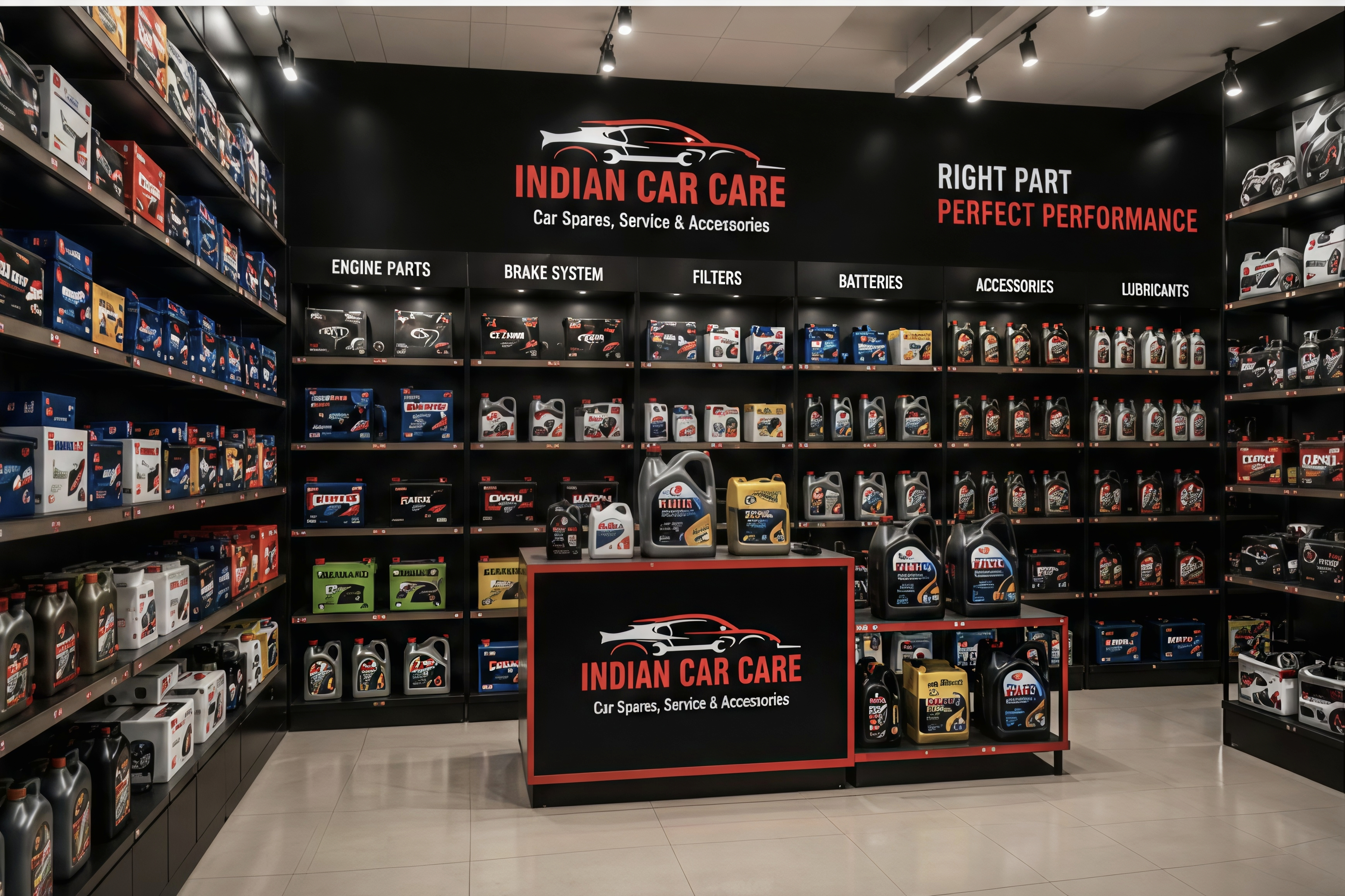 Wide view of Indian Car Care spare parts shop