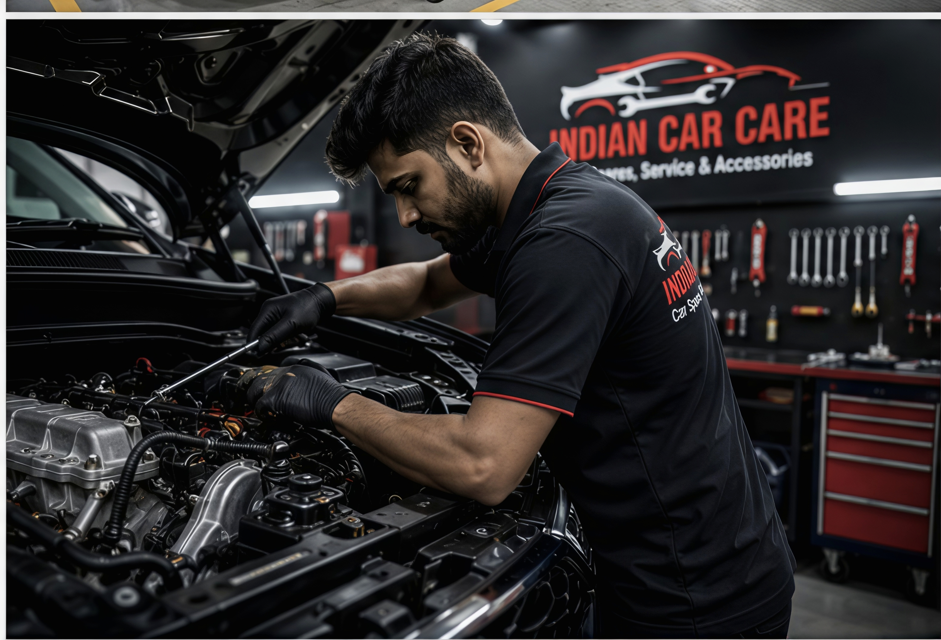 Mechanic repairing car engine under open bonnet
