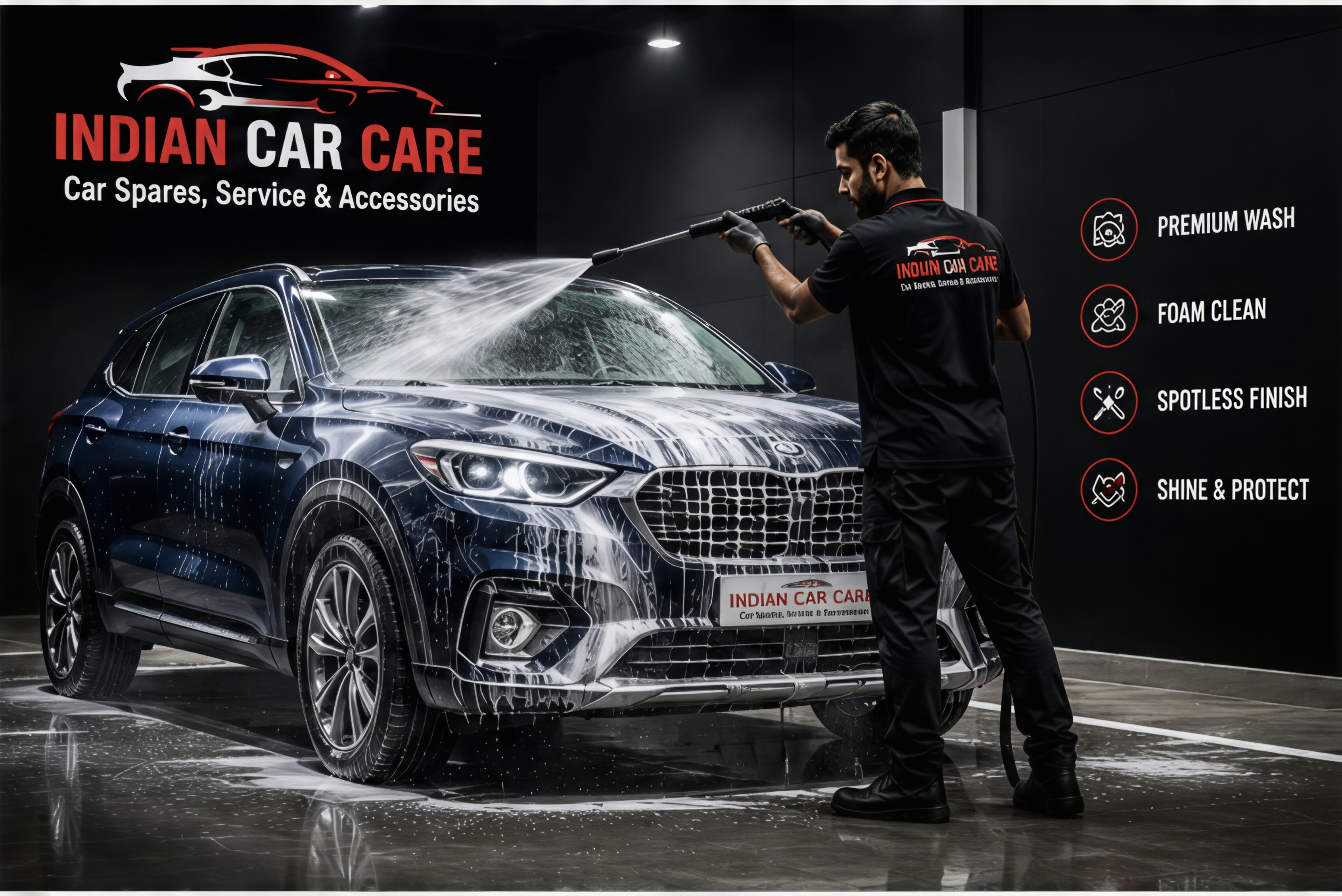 Premium car washing with pressure wash