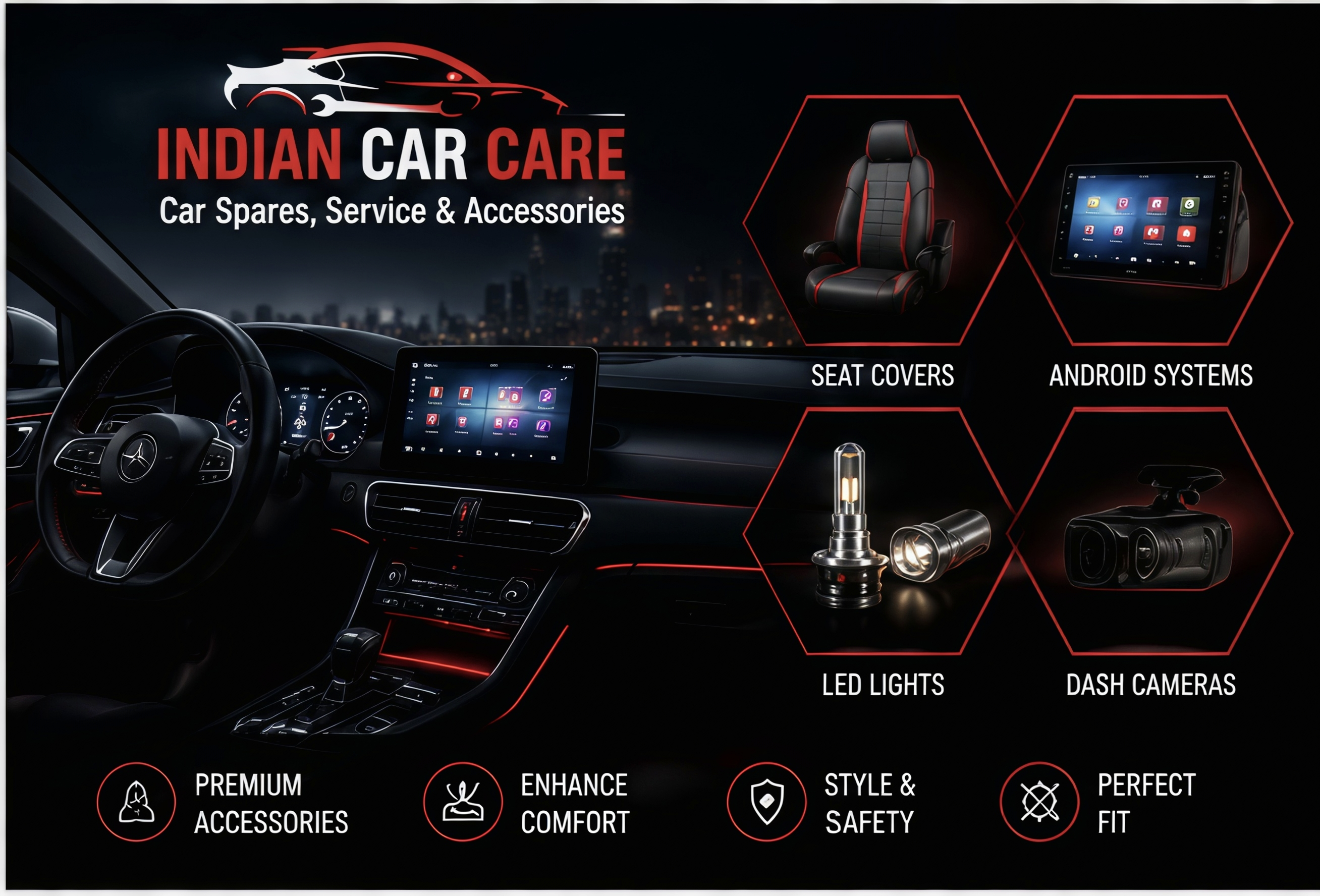 Car accessories including seat covers and LED lights