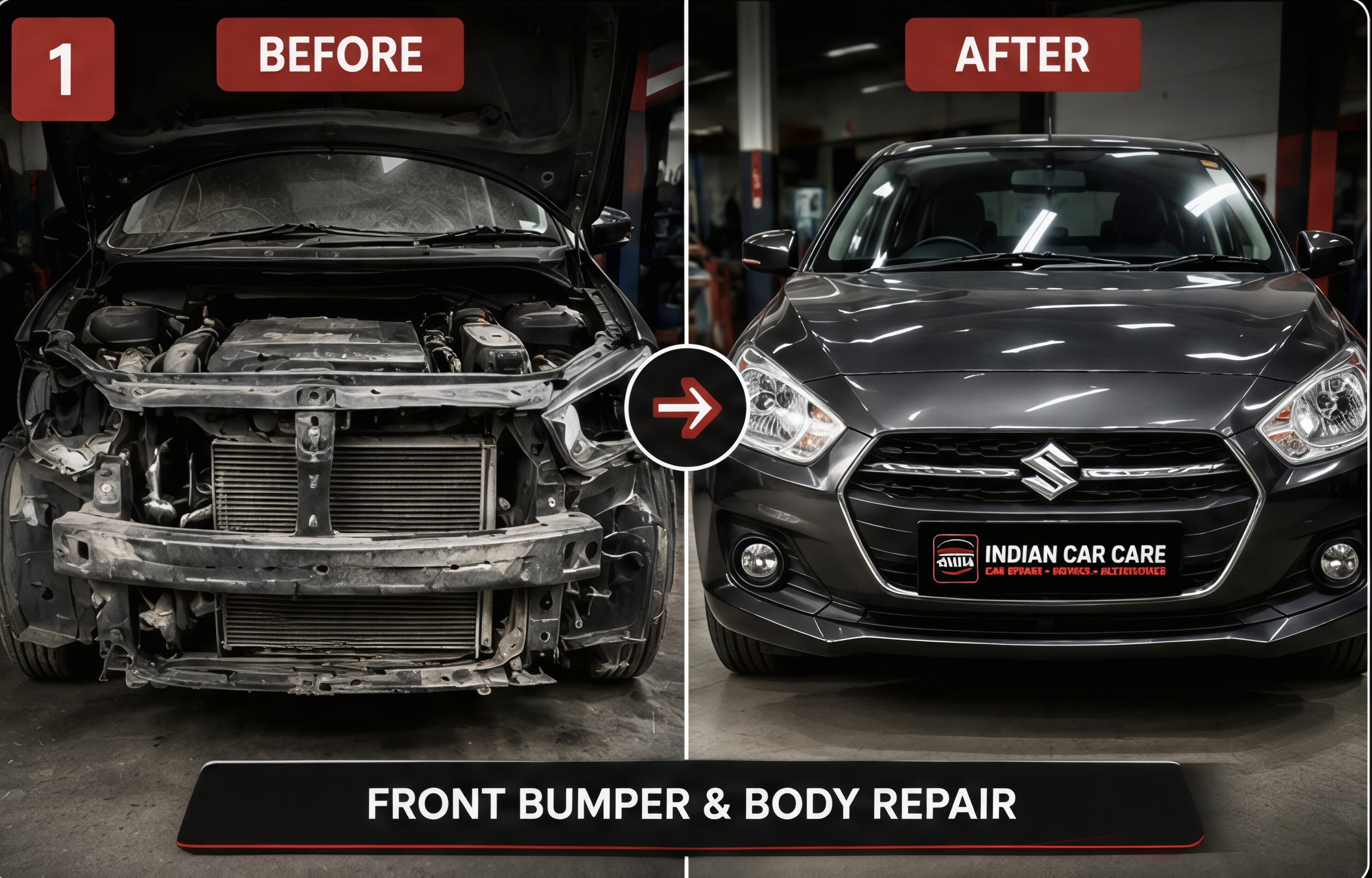 Before and after front bumper repair
