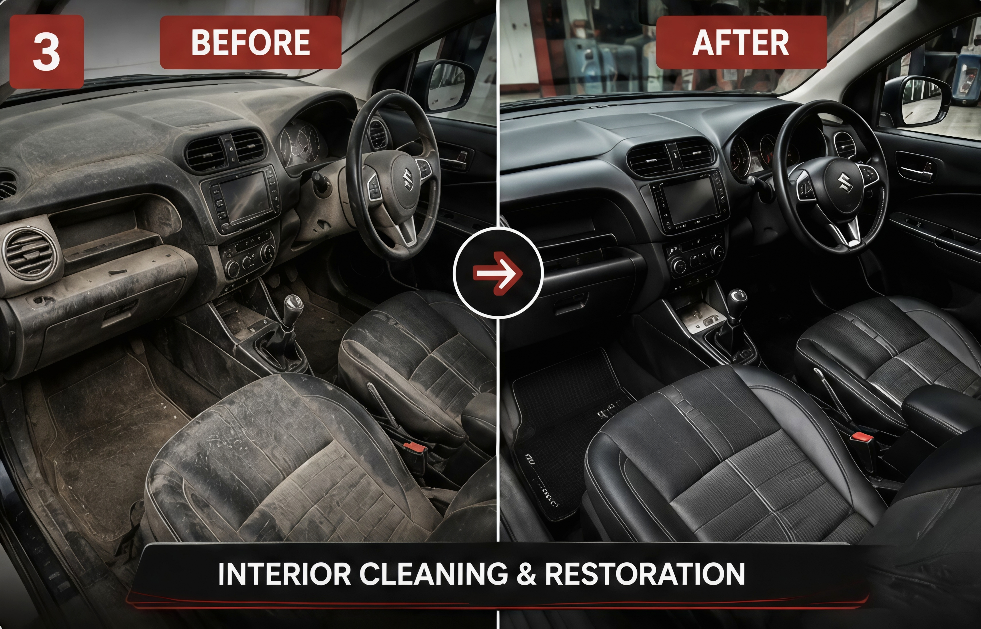 Before and after interior cleaning and restoration