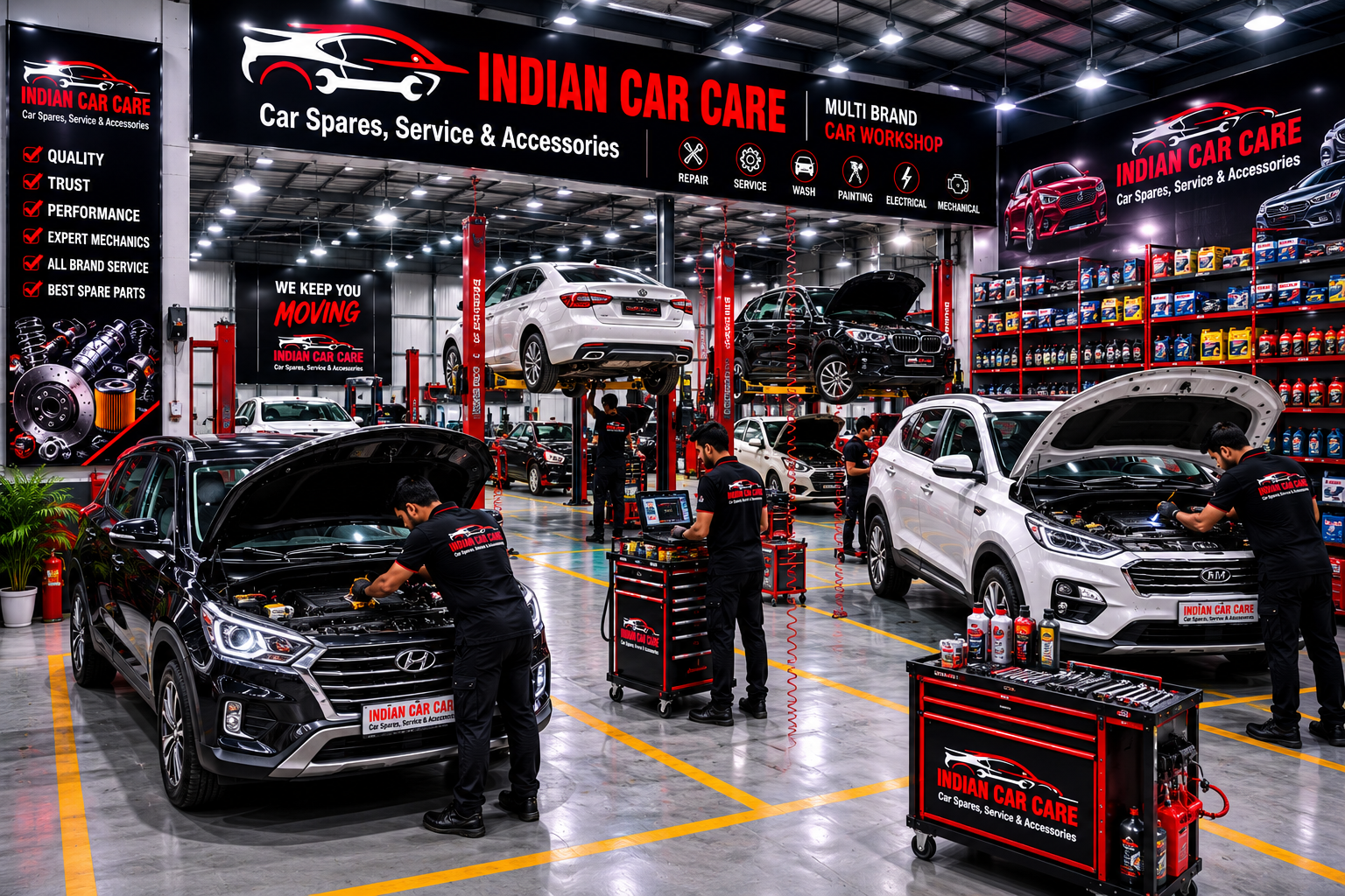 Indian Car Care workshop with mechanics servicing multiple cars